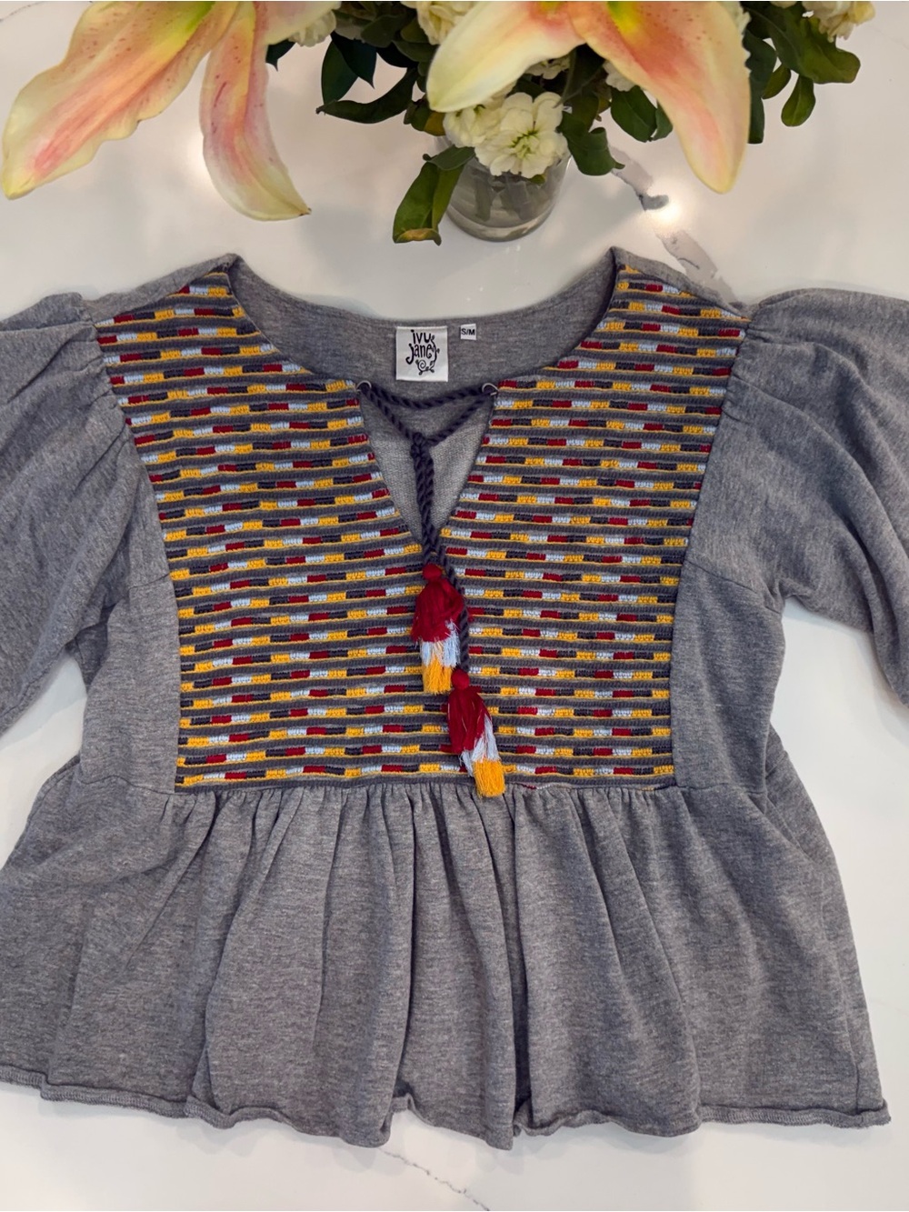 ivy jane Heather Gray Embroidered Tassel Peasant Top